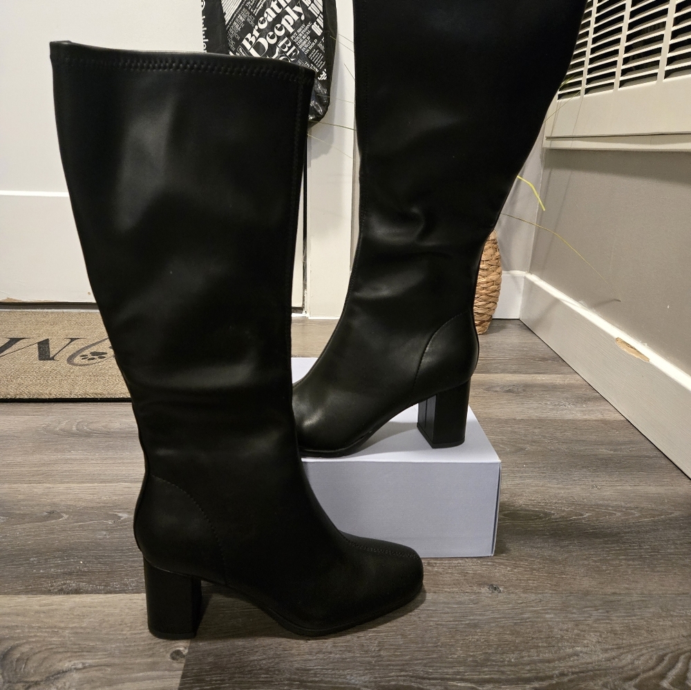 Aerosoles Micah Knee High Boots Black Leather Block Heel Womens 7M New - Picture 3 of 8